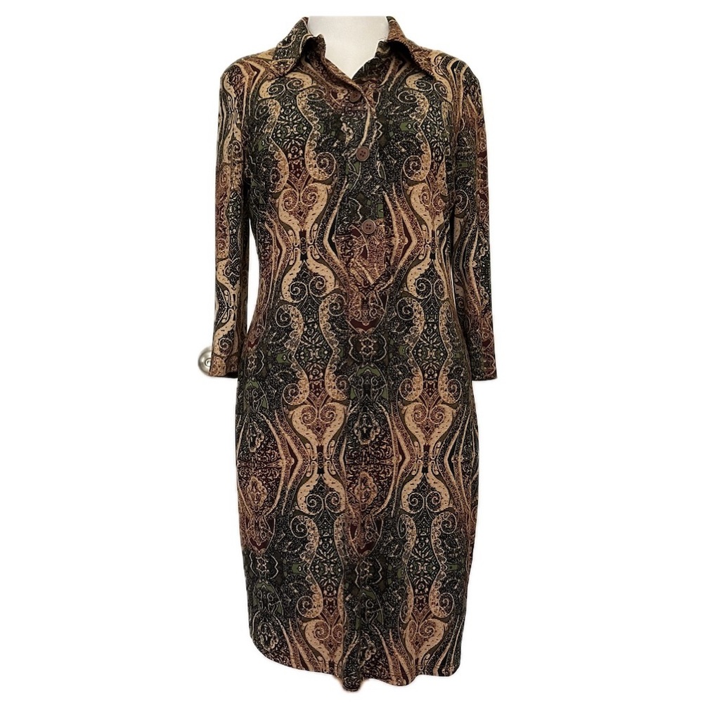 Jones New York Long Sleeve Paisley Jersey Dress - Black and Brown Size L